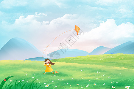 草原篝火唯美治愈春天立春小女孩在草地上放风筝插画