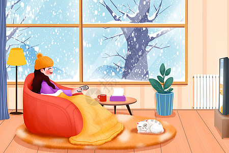 卡通冬天在家里看电视的女孩图片