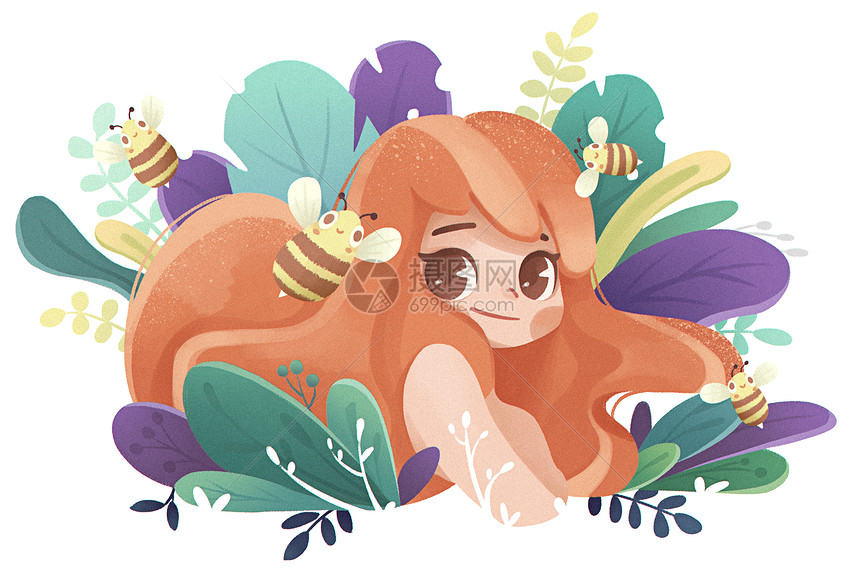 立春季节花草蜜蜂人物扁平插画