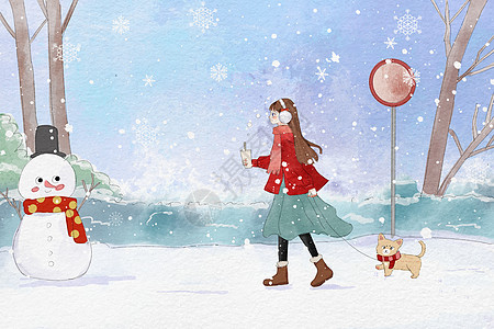 冬季大寒少女水彩风插画背景图片