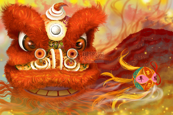 舞狮春节新年绣球新年快乐喜庆横板插图图片