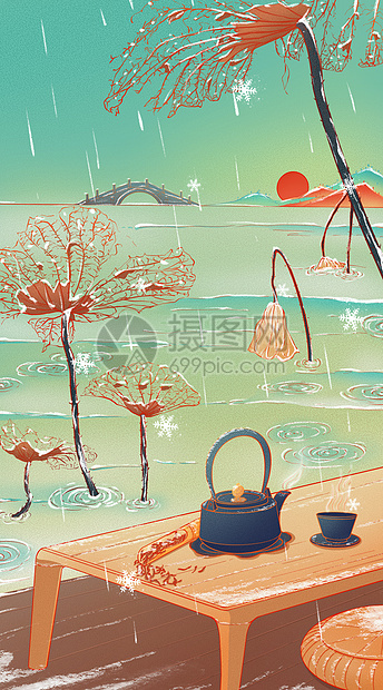 冬季下雪煮茶中国风线性插画节气插画大寒二十四节气海报图片