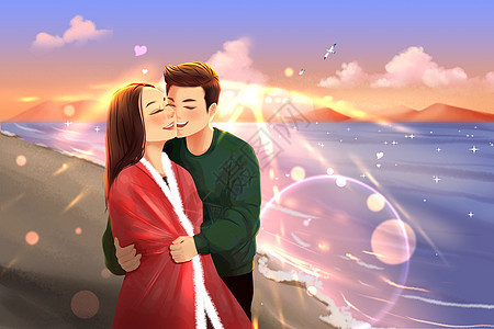 情人节海边拥抱的情侣卡通插画图片