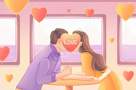 国潮线条粉色梦幻情人节情侣餐厅约会插画背景图片
