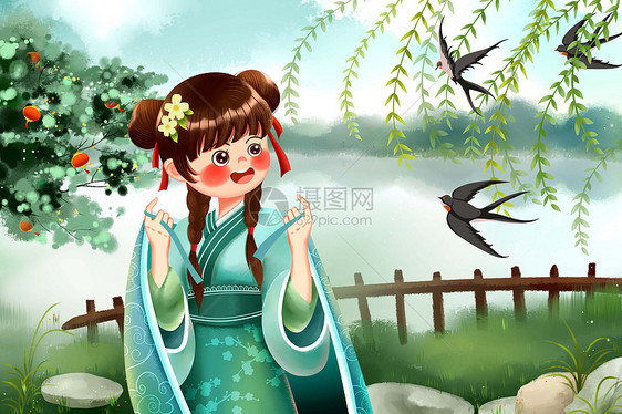 小清新汉服女生古风美女看燕子归来立春插画图片