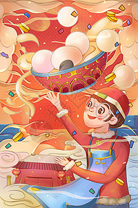 春节新年元宵节云朵汤圆和男孩插画图片