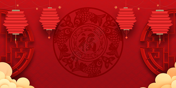 春节贺卡折纸灯笼红色新春背景设计图片