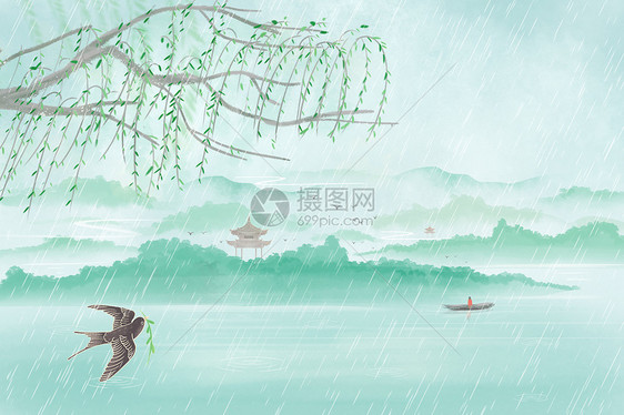 古风水墨春天下雨背景插画图片