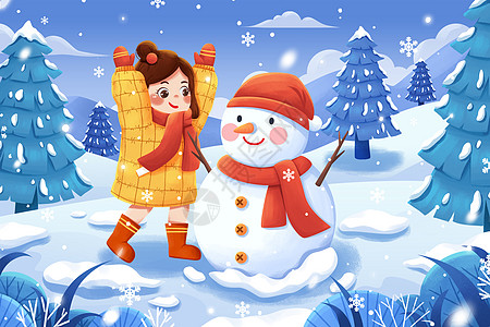 清新二十四节气大寒堆雪人女孩冬季雪地下雪插画背景图片