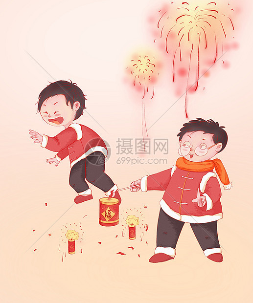 新年传统年俗插画的2022新年快乐放鞭炮春节习俗图片