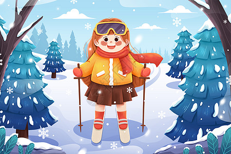 二十四节气大寒滑雪女孩冬季雪地下雪插画图片