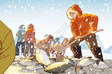 冬季渔猎民俗插画背景图片