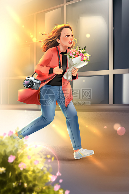 春天抱着花背着相机奔跑的少女卡通插画图片