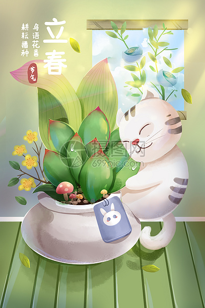 温馨立春多肉植物和小猫节气插画图片