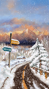 路边雪山日落风景插画图片