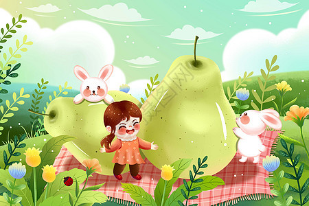 花丛里可爱女生兔子与梨子插画图片