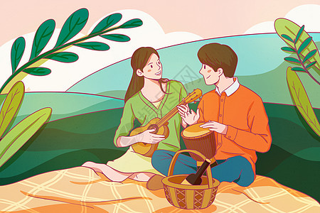 浪漫情侣草地野餐弹奏音乐插画图片