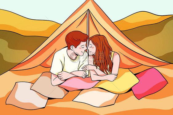 情侣住帐篷浪漫旅行插画图片
