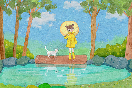 雨水节气猫咪插画高清图片