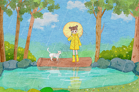 雨水节气猫咪插画图片