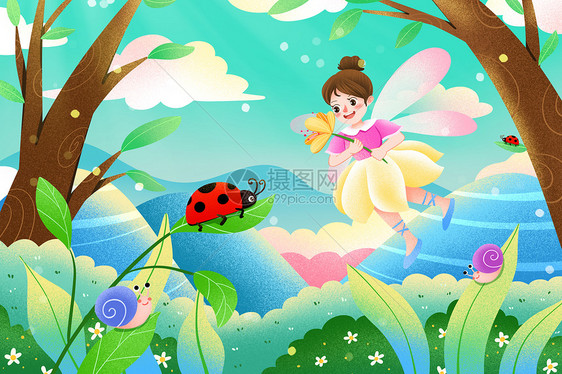 惊蛰节气瓢虫和蝴蝶仙子插画图片