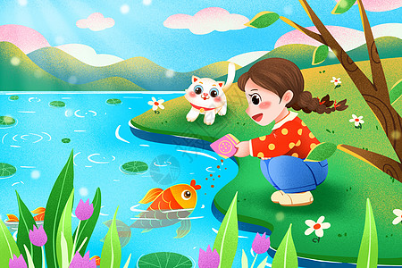 惊蛰节气喂鱼的女孩卡通插画图片素材