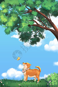树下的狗狗与蝴蝶萌宠卡通动物插画图片