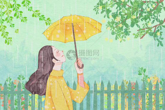 雨水节气水彩少女风插画图片