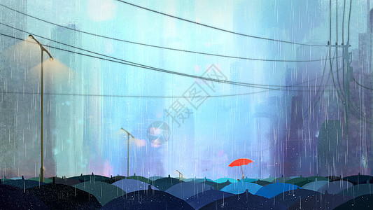 雨水节气街边打伞插画图片