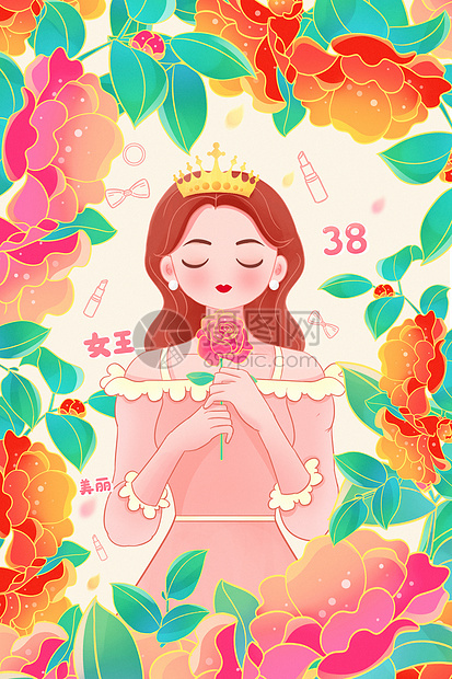 国潮浪漫唯美三八妇女节女神节插画图片