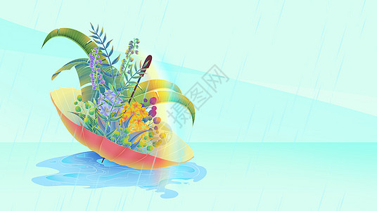 雨水节气唯美氛围花丛彩虹插画插画