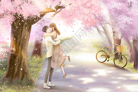 樱花树下拥抱的情侣唯美插画图片