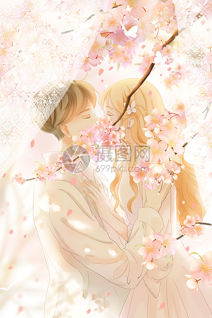 樱花情侣唯美结婚照插画图片