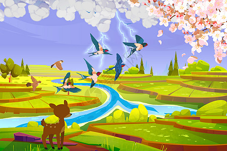 二十四节气之惊蛰燕子花开飞舞空中惊雷插画图片