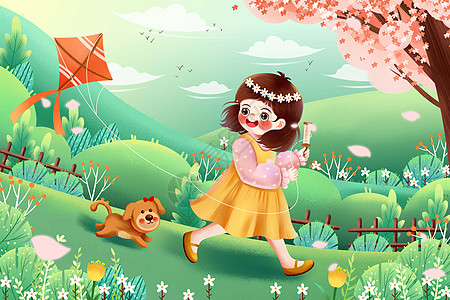小清新绿色惊蛰节气女生和小狗放风筝插画图片