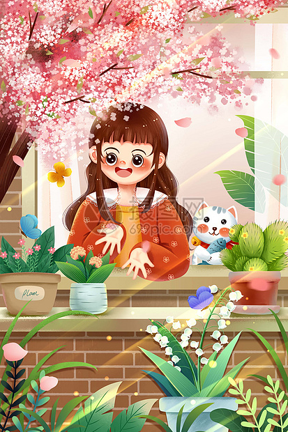 温馨粉色治愈春天樱花盛开女生窗前看花插画图片