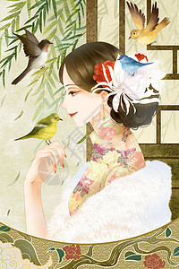 三八妇女节穿旗袍的女子复古中国风插画图片
