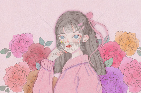 女生节玫瑰粉红插画图片