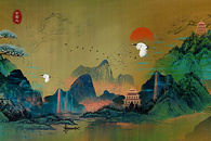创意复古青绿中国山水春意意境图图片