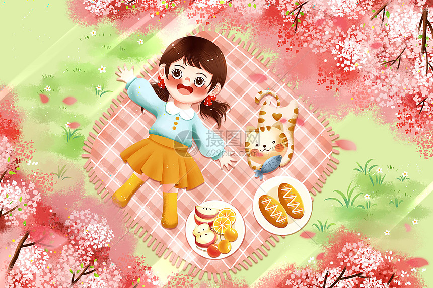 唯美治愈惊蛰春分粉色樱花季女孩与猫咪野营插画图片