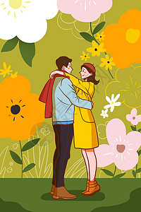 温馨情侣甜蜜拥抱复古花卉插画图片