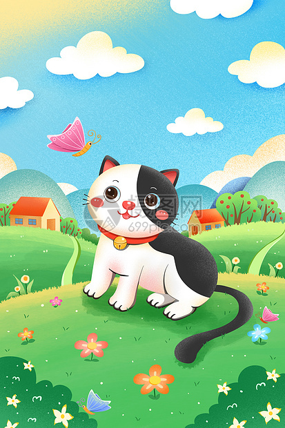 春天草地上可爱宠物猫咪插画图片