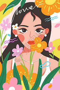 暖色少女花卉镜头自拍插画高清图片