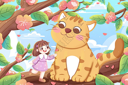 清新春天女孩与猫在树上玩耍卡通插画图片
