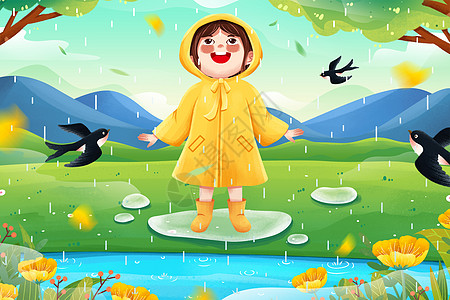 清新二十四节气雨水雨中雨衣女孩春季郊游插画高清图片