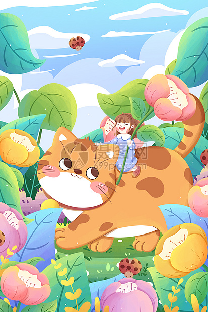 花丛里的女孩与猫清新卡通插画图片