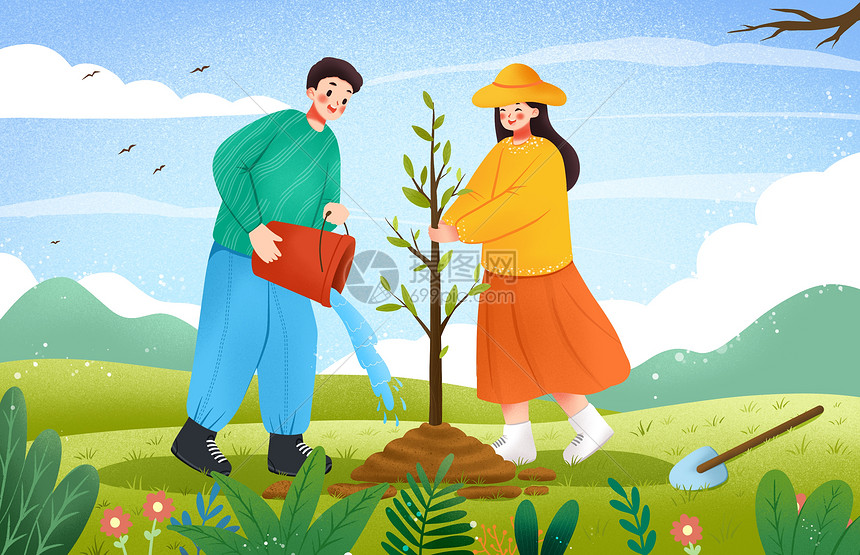 绿色春天在种树的男生和女生插画图片
