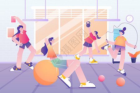 紫色扁平动态人物女孩健身房健身背景图片