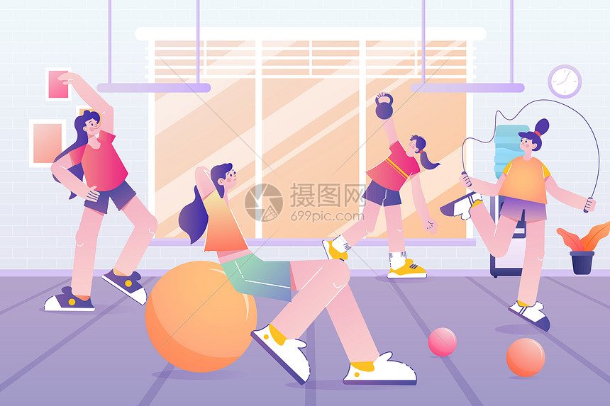 紫色扁平动态人物女孩健身房健身图片