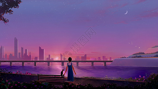 紫色春天的晚霞插画图片